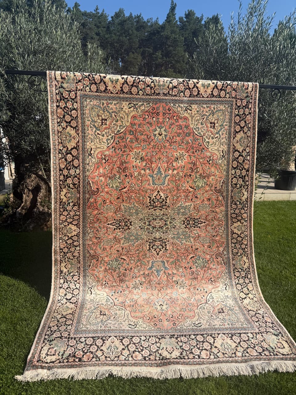 Rug Ghoum, orange, natural silk cotton warp, India - 169470