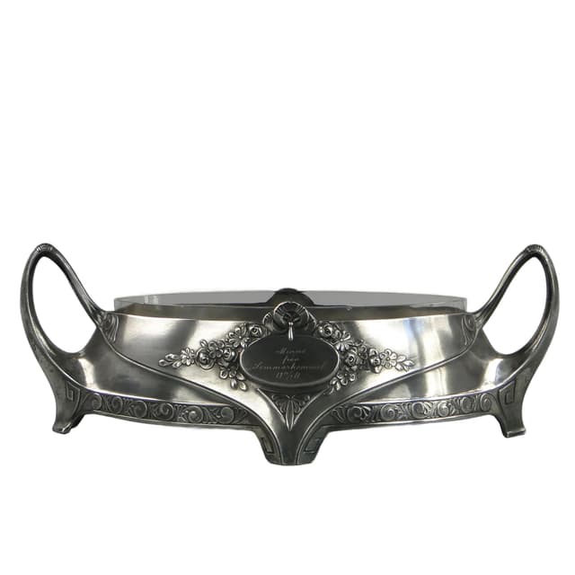 Art Nouveau jardiniere, silvered pewter, crystal glass, Quist, Germany, early 20th c. - DIMENSION