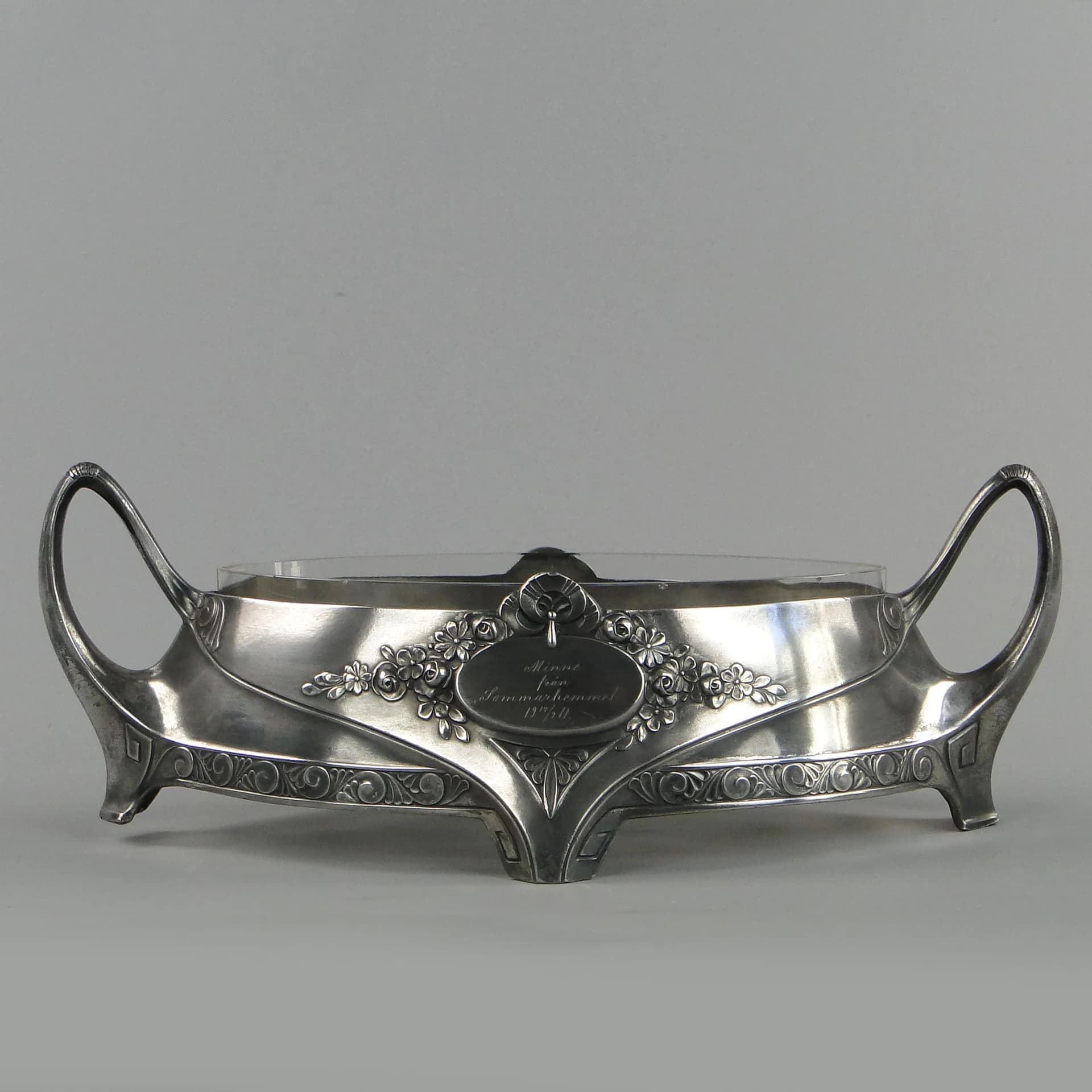 Art Nouveau jardiniere, silvered pewter, crystal glass, Quist, Germany, early 20th c. - 169673
