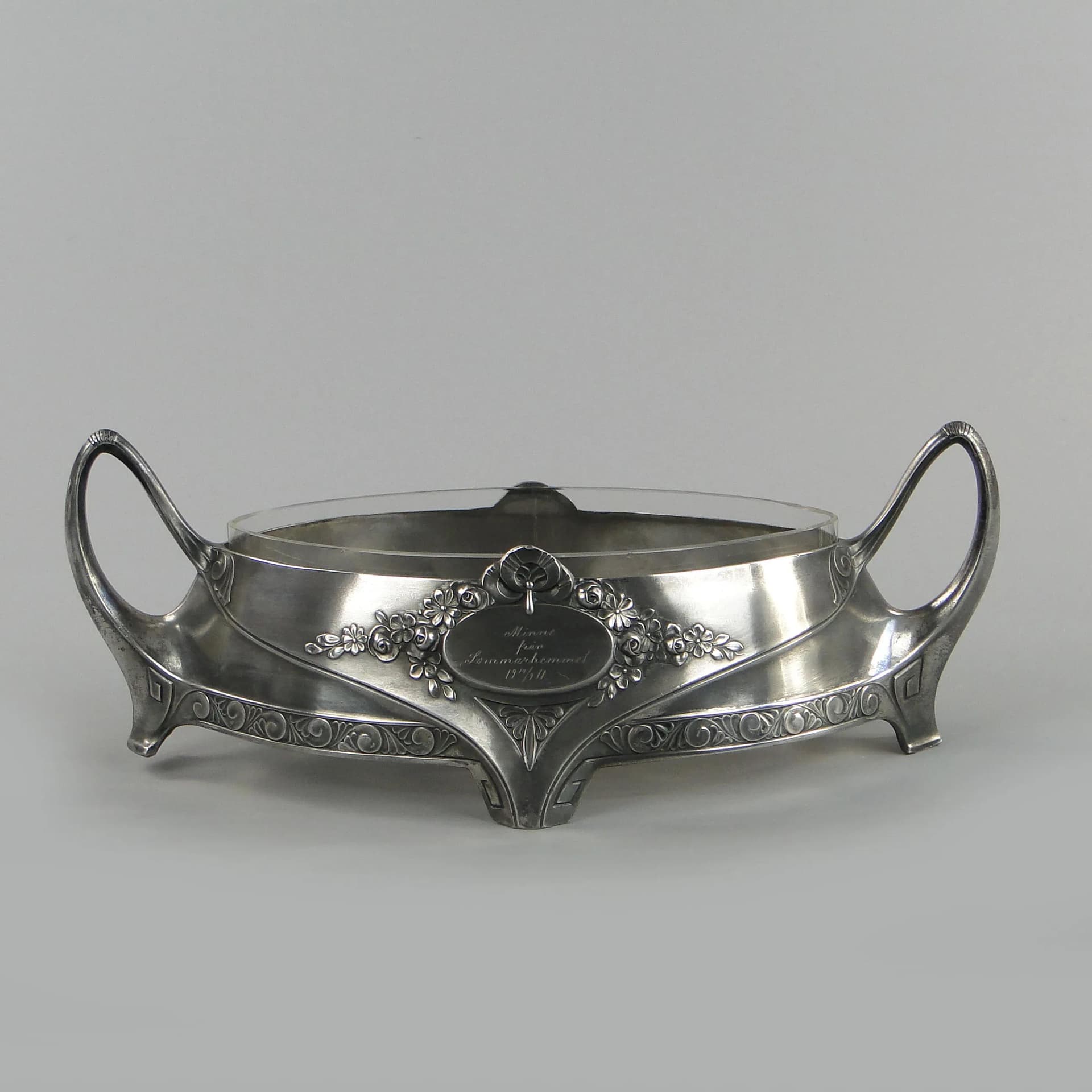 Art Nouveau jardiniere, silvered pewter, crystal glass, Quist, Germany, early 20th c. - 169678
