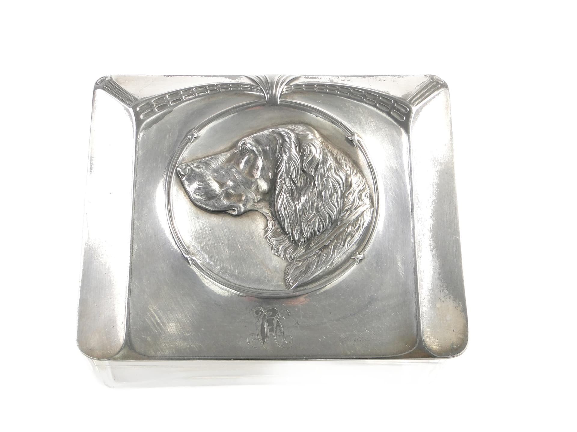 Kaseta gabinetowa Art Nouveau, szkło kryształowe transparentne, cyna platerowana srebrna, WMF, Niemcy, początek XX w.