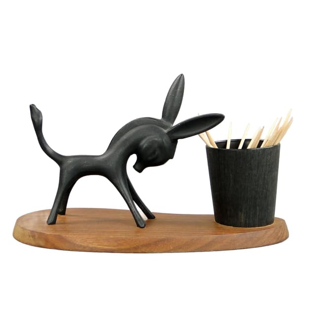 Toothpick stand, black patinated bronze, ebony, by W. Bosse, Austria, 1940s. - DIMENSION