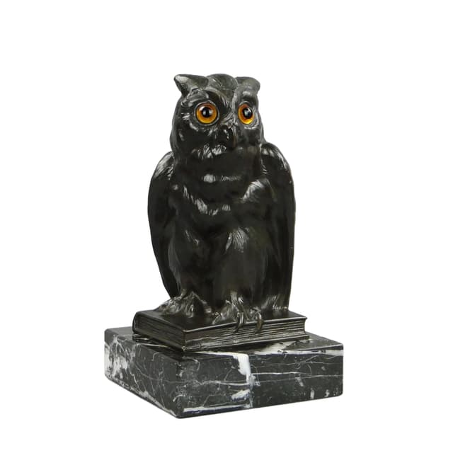 Figura sowy, art déco, metal brązowy ciemny, marmur czarny, Austria, lata 20. - WYMIARY