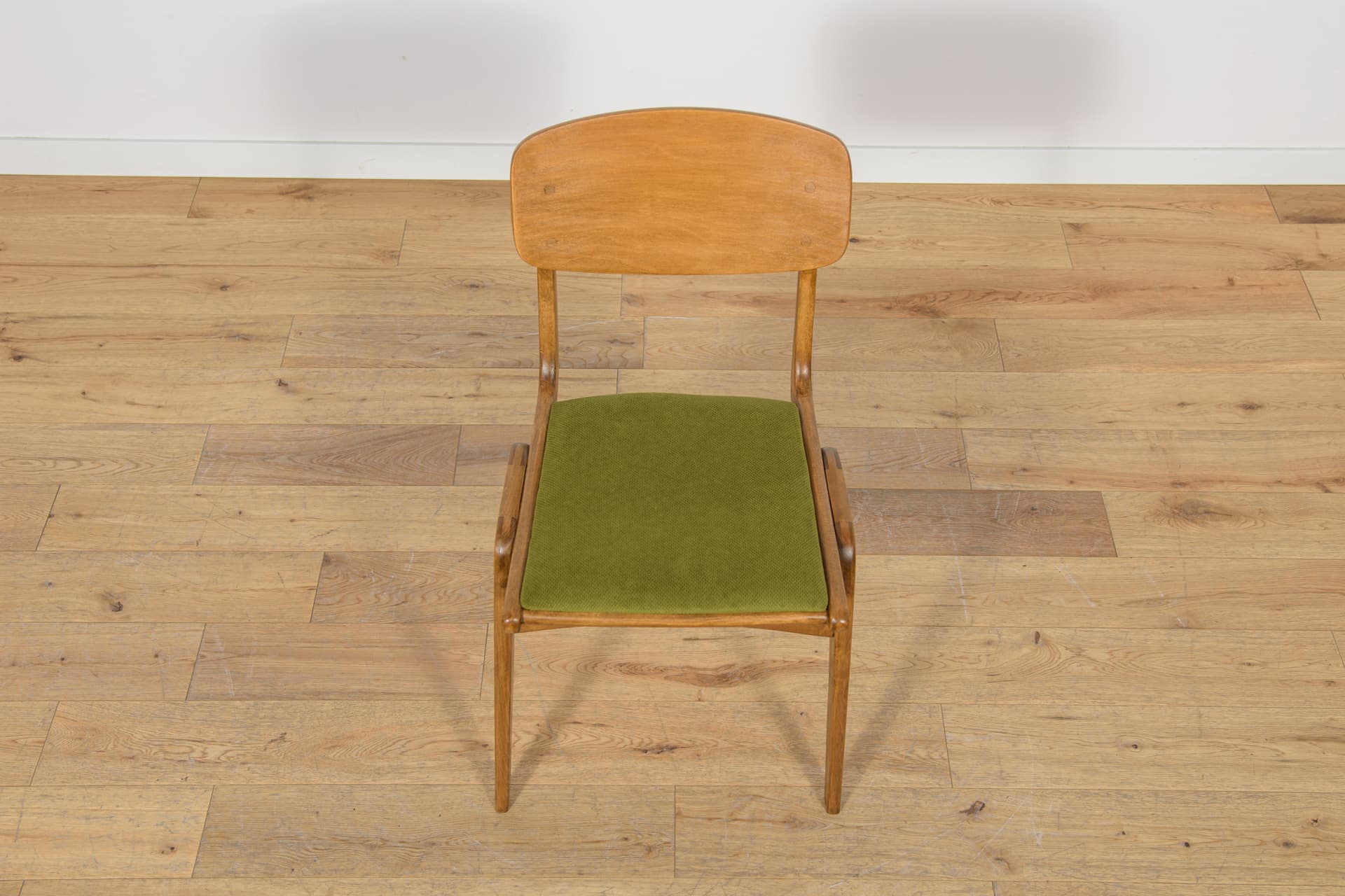 Set of four chairs Bumerang type 229XB, brown beech, green fabric, Poland, 1960s. - 170055