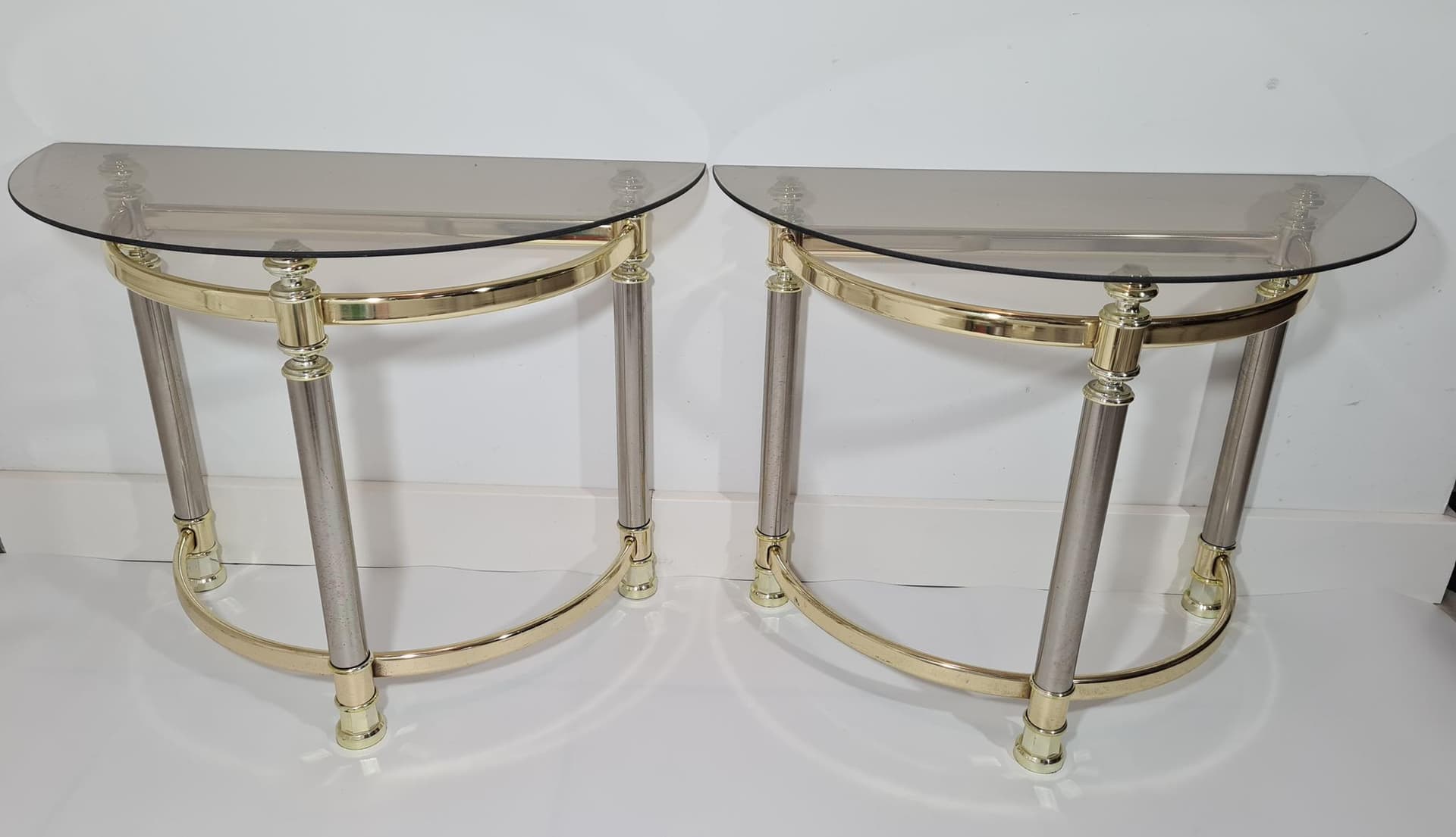 Pair of side tables Hollywood Regency, smoked glass, golden brass, silver chrome steel, Italy, 1970s. - 170102