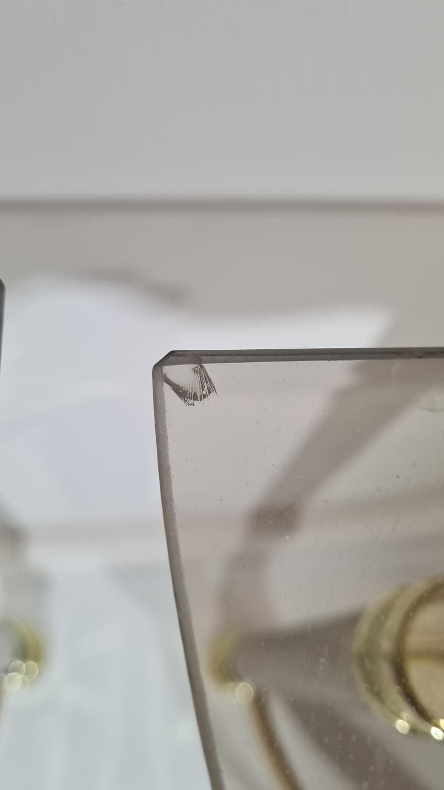 Pair of side tables Hollywood Regency, smoked glass, golden brass, silver chrome steel, Italy, 1970s. - 170105