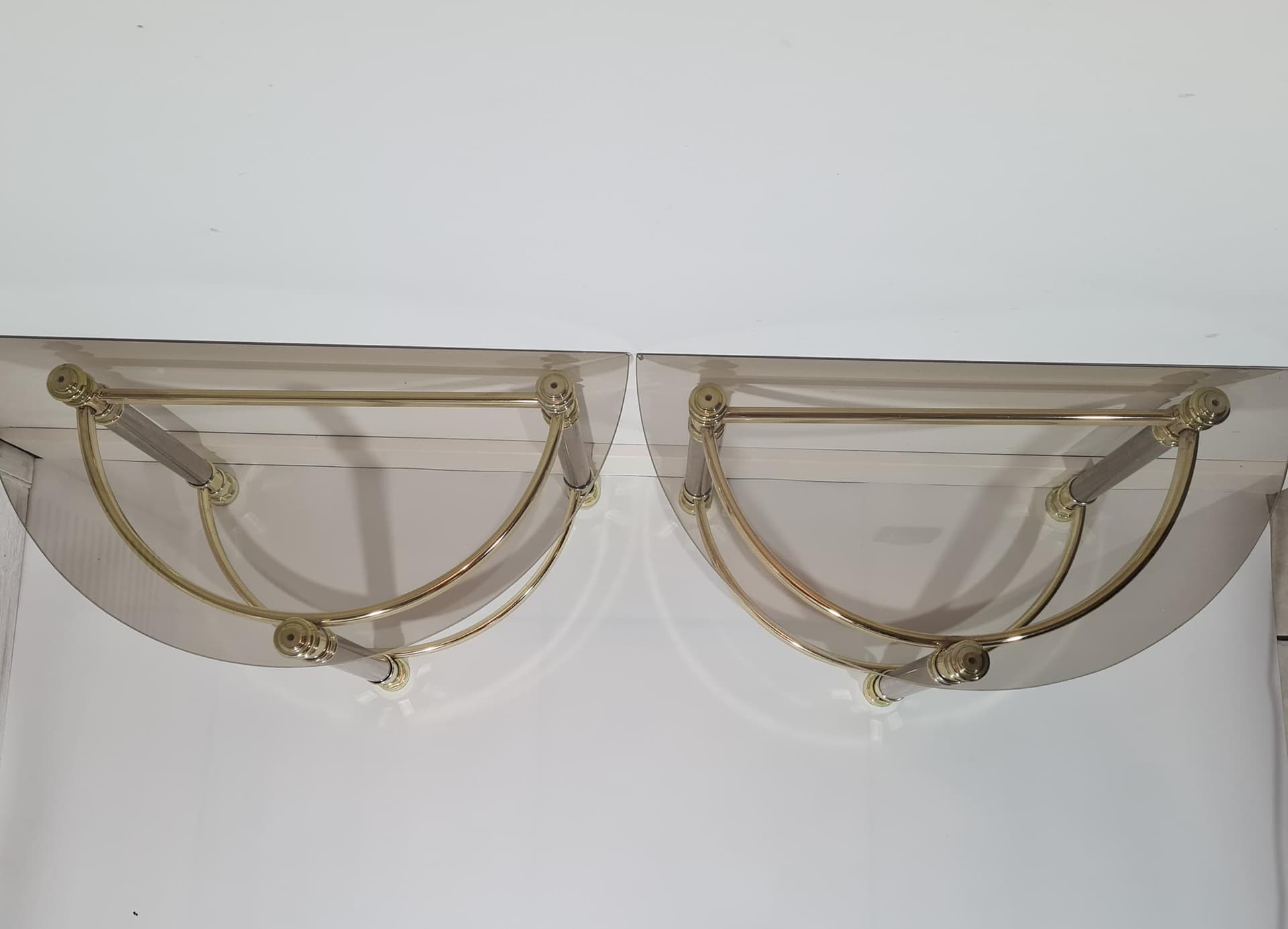 Pair of side tables Hollywood Regency, smoked glass, golden brass, silver chrome steel, Italy, 1970s. - 170110