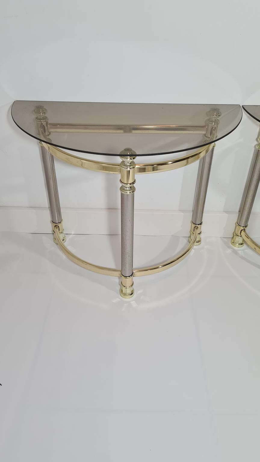 Pair of side tables Hollywood Regency, smoked glass, golden brass, silver chrome steel, Italy, 1970s. - 170104