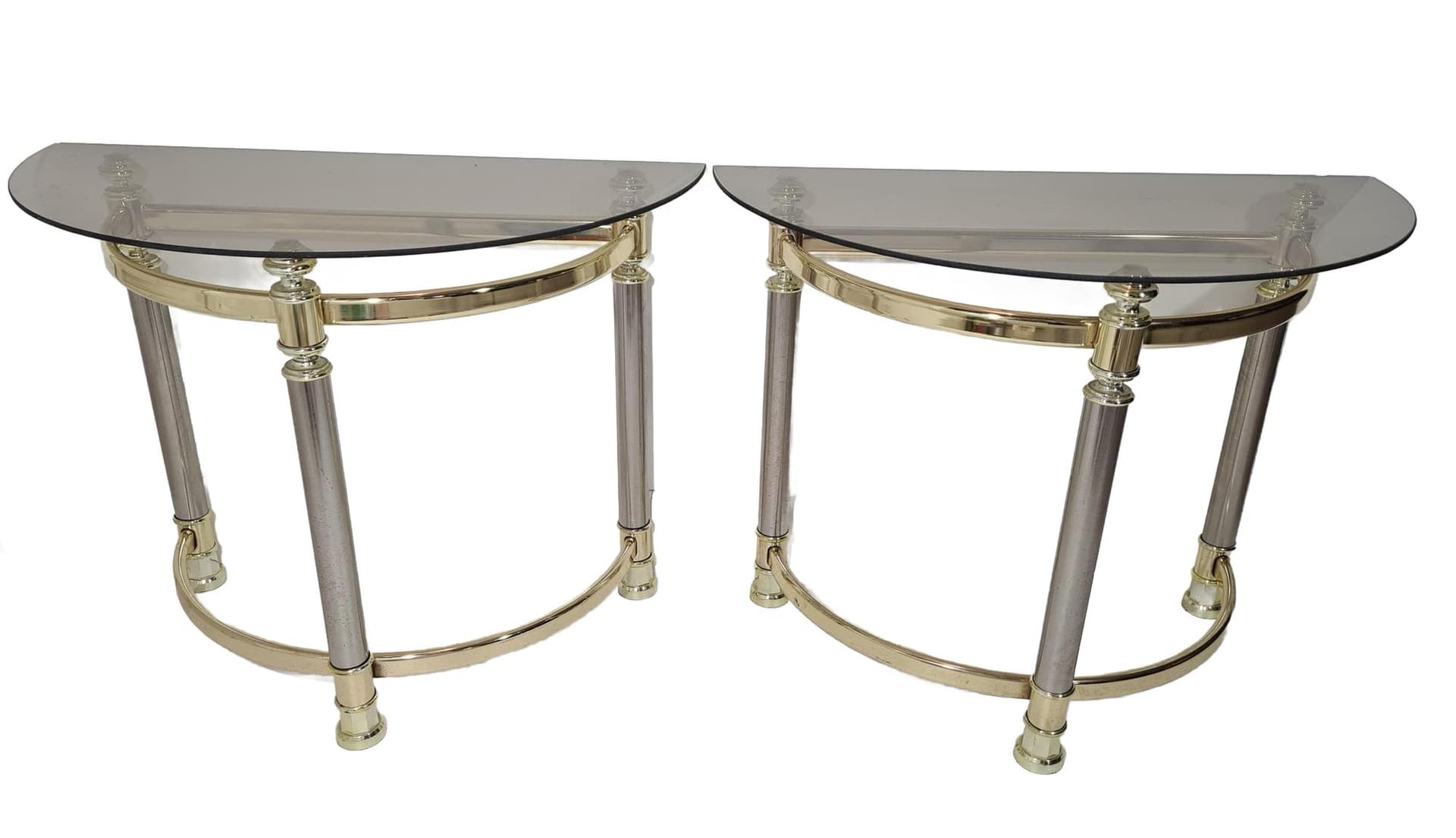 Pair of side tables Hollywood Regency, smoked glass, golden brass, silver chrome steel, Italy, 1970s.