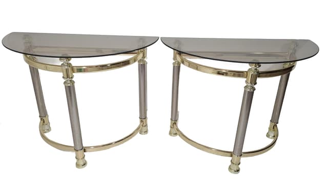 Pair of side tables Hollywood Regency, smoked glass, golden brass, silver chrome steel, Italy, 1970s. - DIMENSION