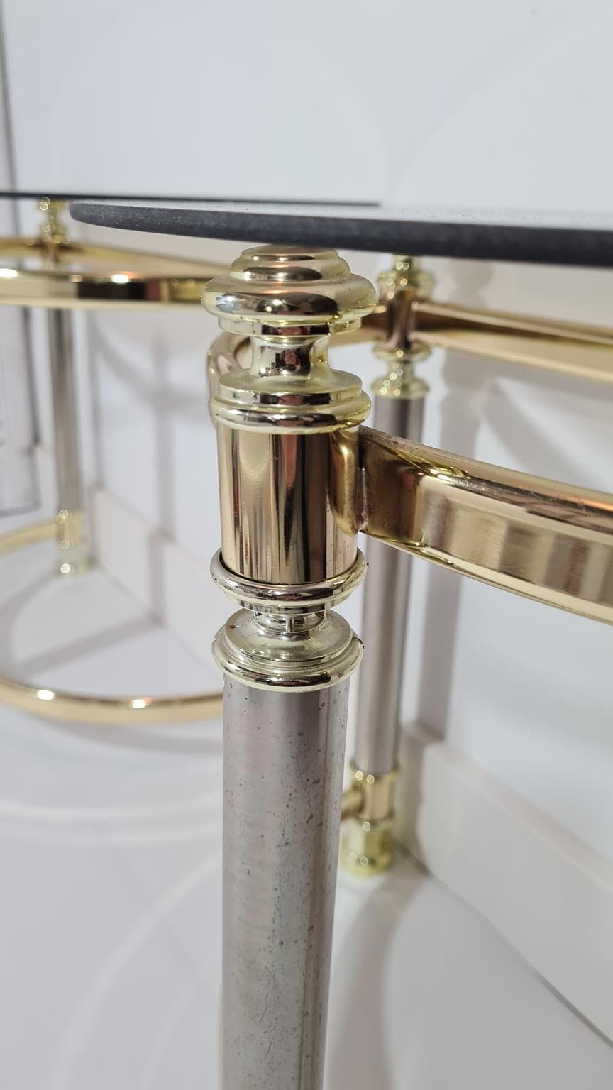 Pair of side tables Hollywood Regency, smoked glass, golden brass, silver chrome steel, Italy, 1970s. - 170107