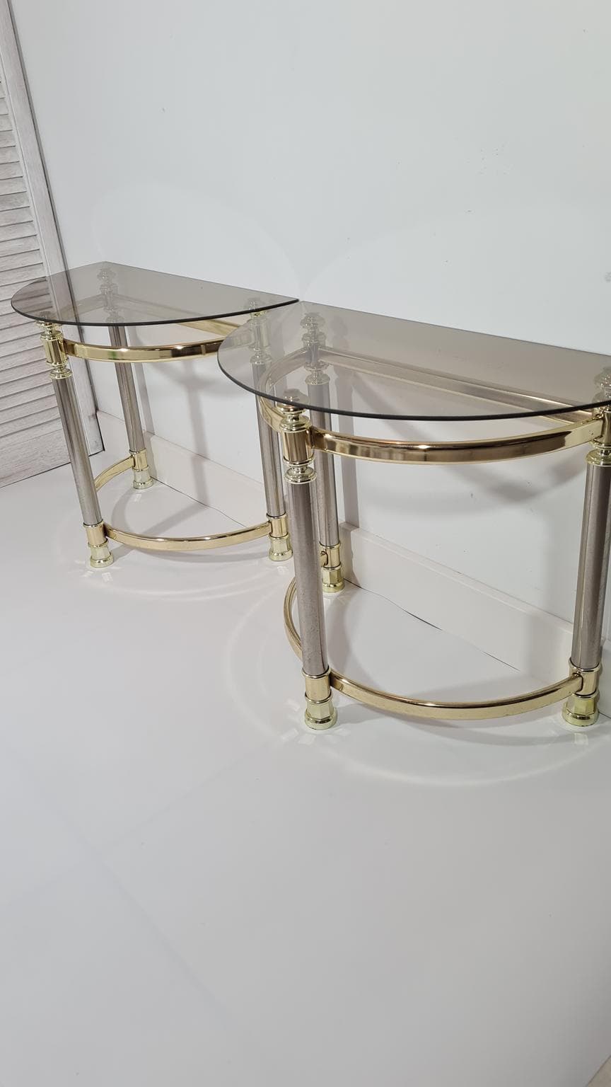 Pair of side tables Hollywood Regency, smoked glass, golden brass, silver chrome steel, Italy, 1970s. - 170106