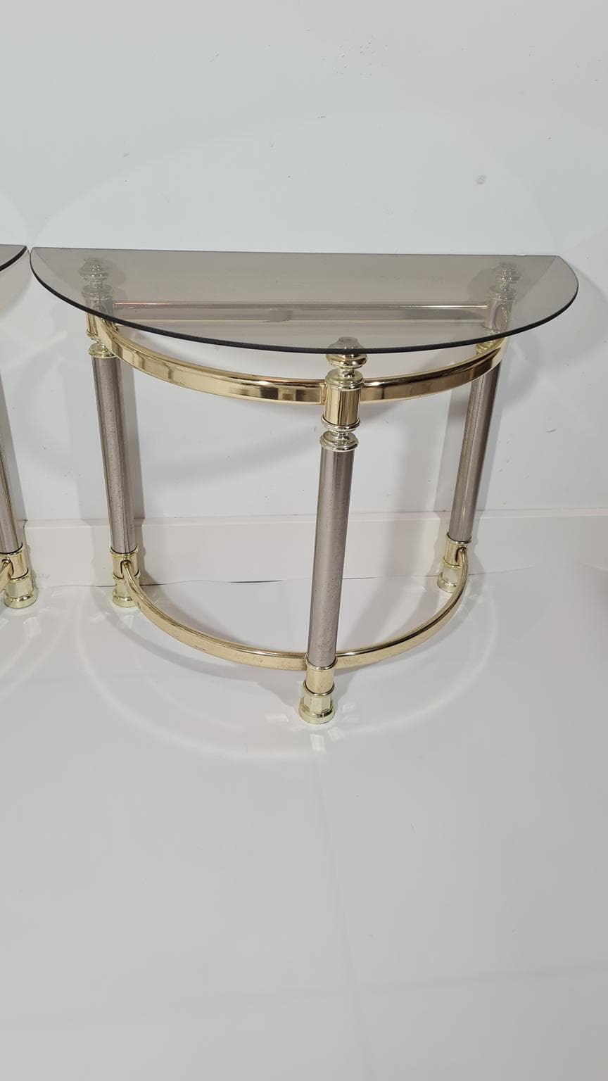 Pair of side tables Hollywood Regency, smoked glass, golden brass, silver chrome steel, Italy, 1970s. - 170103