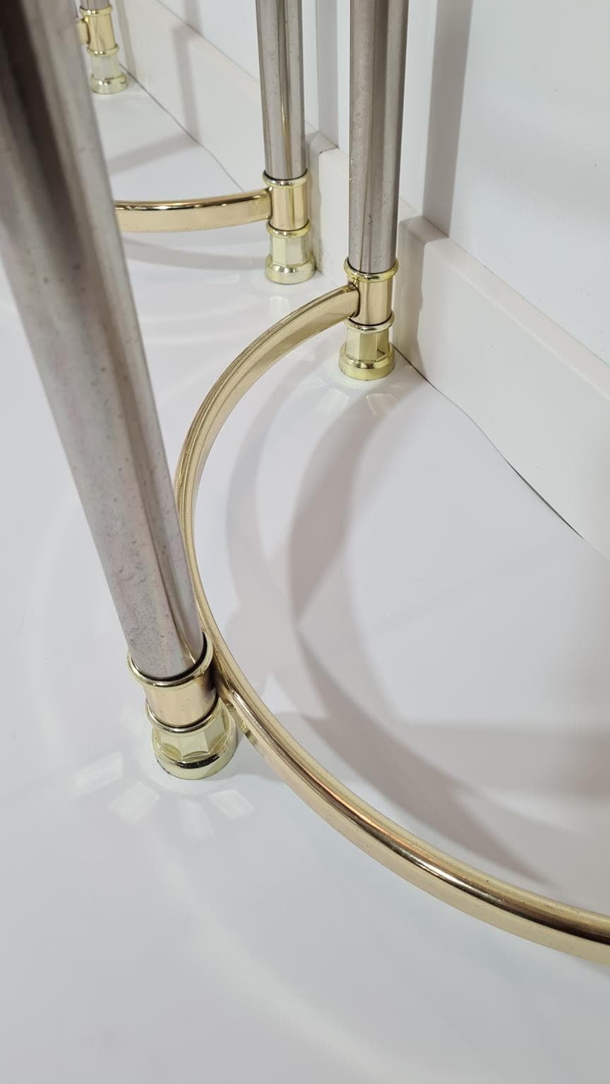 Pair of side tables Hollywood Regency, smoked glass, golden brass, silver chrome steel, Italy, 1970s. - 170108