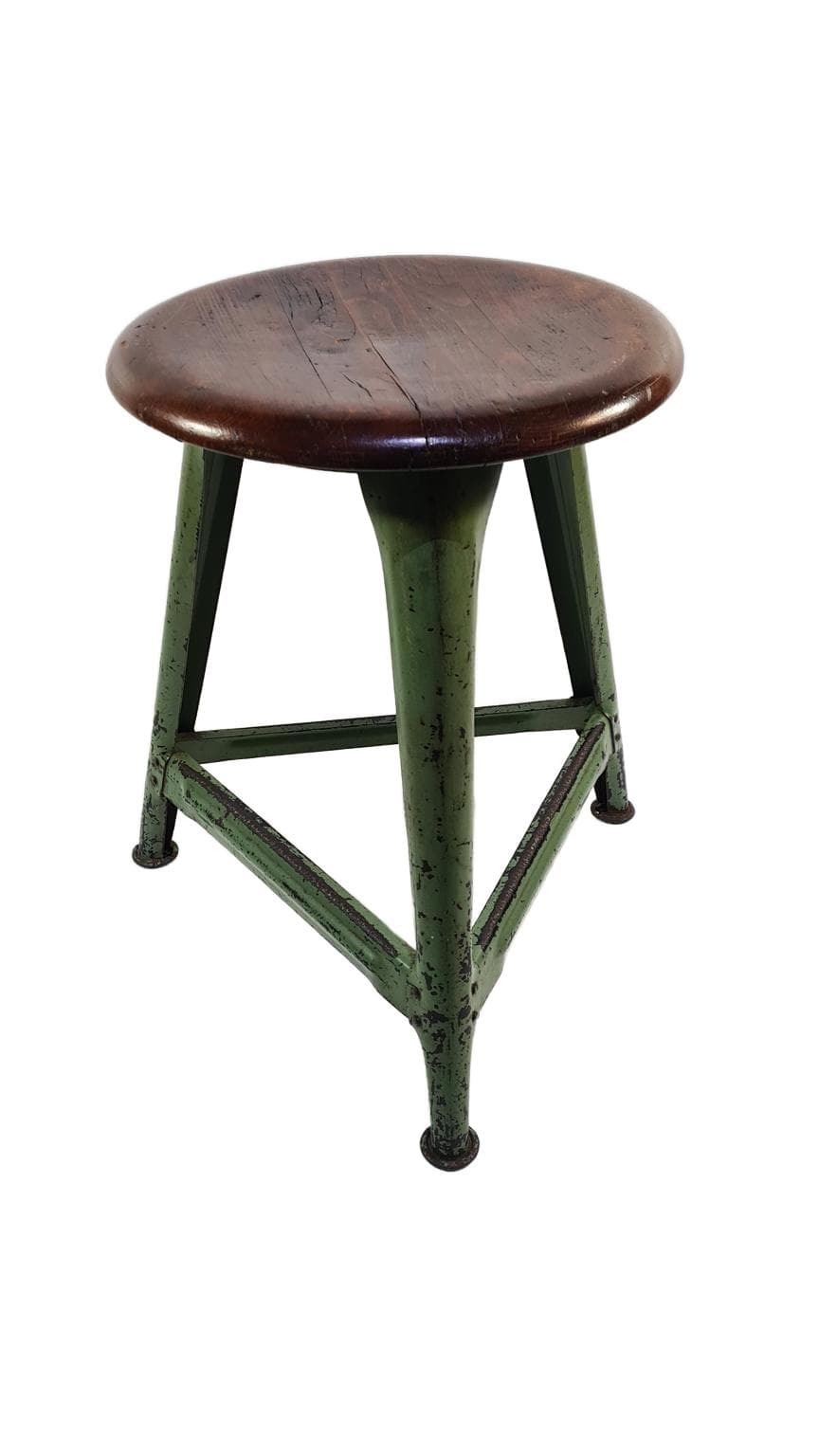 Stołek industrialny, drewno ciemnobrązowe, metal zielony, Niemcy, lata 50.