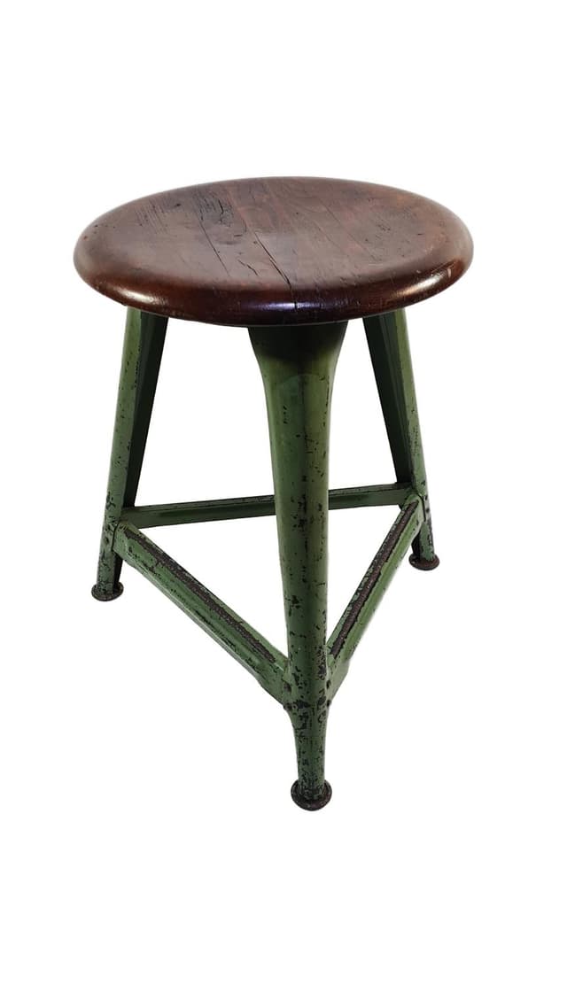 Stołek industrialny, drewno ciemnobrązowe, metal zielony, Niemcy, lata 50. - WYMIARY