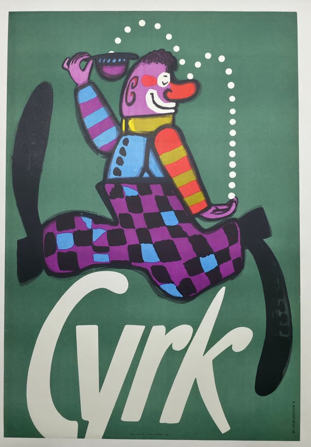 Cyrk clown on a green background (Original circus poster), by B. Bocianowski, 1968 - DIMENSION