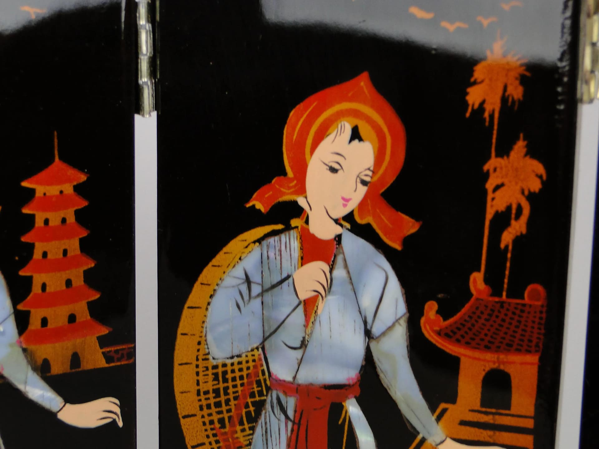 Parawan dekoracyjny, lakier czarny, drewno, Chiny, lata 50. - 11124