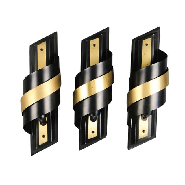 Kinkiet modernistyczny, drewno czarne, aluminium czarne, mosiądz, Polska, lata 80. - WYMIARY