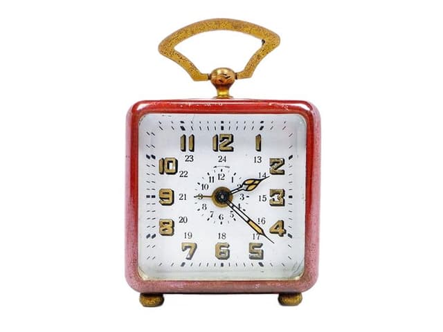 Miniaturowy zegar podróżny Art Nouveau, czerwona emalia, mosiądz, Niemcy, XIX wiek - WYMIARY
