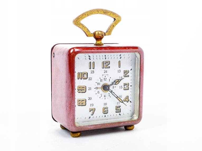 Miniaturowy zegar podróżny Art Nouveau, czerwona emalia, mosiądz, Niemcy, XIX wiek - 170534