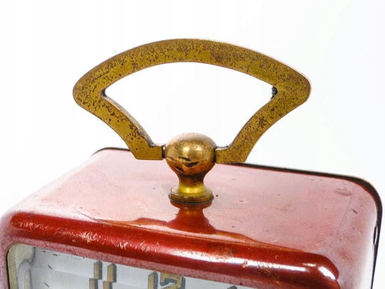 Miniaturowy zegar podróżny Art Nouveau, czerwona emalia, mosiądz, Niemcy, XIX wiek - 170531