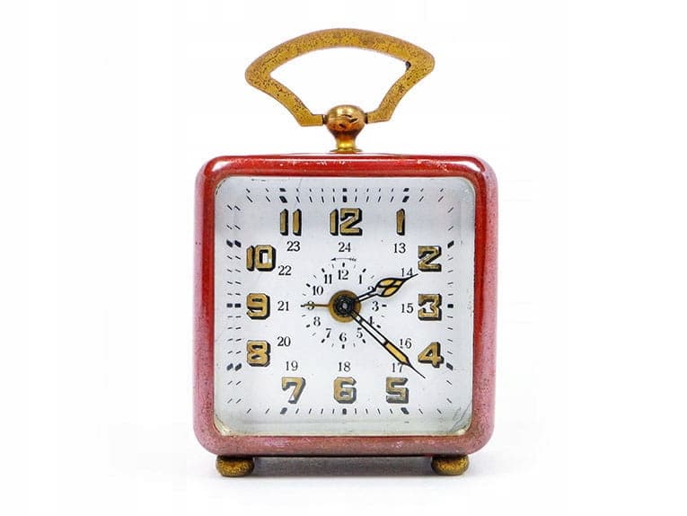 Miniaturowy zegar podróżny Art Nouveau, czerwona emalia, mosiądz, Niemcy, XIX wiek - 170533