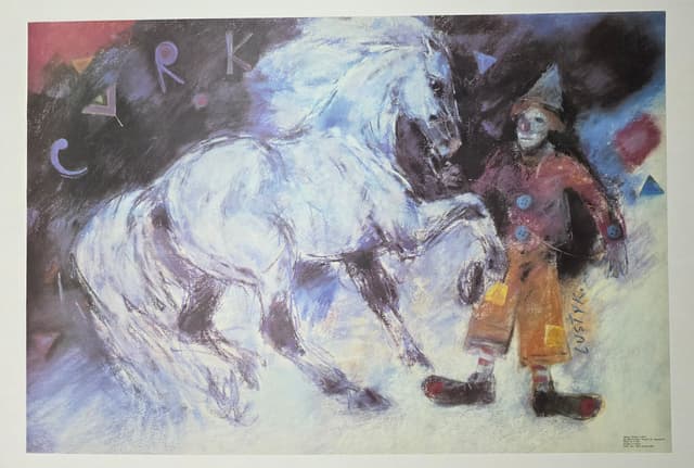 Cyrk koń i stojący clown (Oryginalny plakat cyrkowy), aut. B. Lustyk, 1985 - WYMIARY