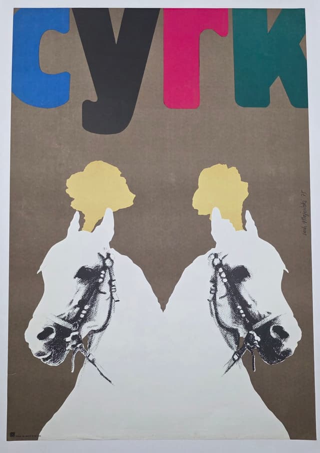 Cyrk two white horses with plumes (Original circus poster), by L. Majewski, 1975 - DIMENSION