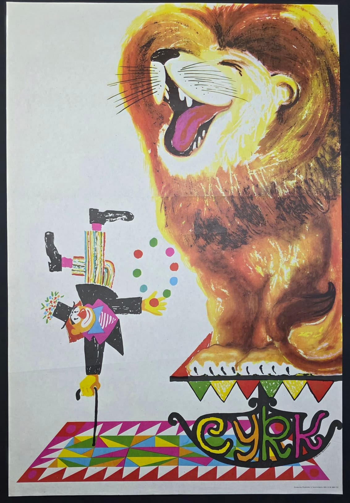 Cyrk clown with cane and lion (Original circus poster), by S. Miedza-Tomaszewski, 1974