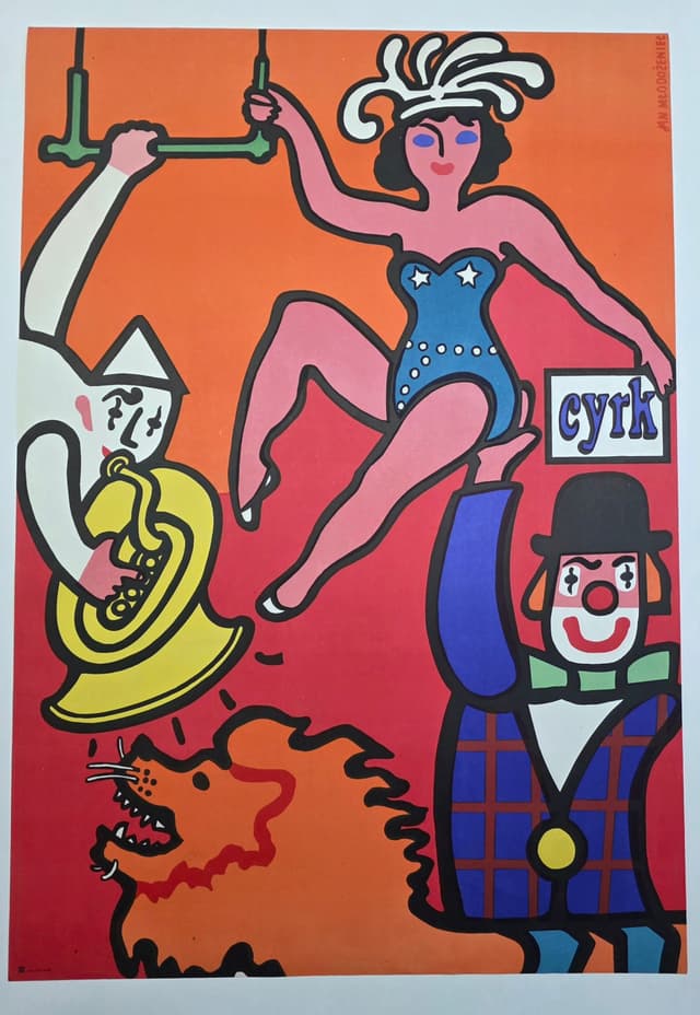 Circus Clown with Woman in Hand (Original circus poster), by J. Młodożeniec, 1975 - DIMENSION