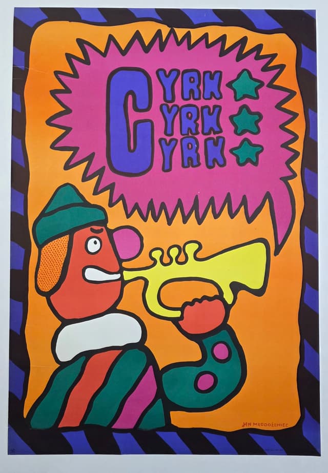 Cyrk clown z trąbką (Oryginalny plakat cyrkowy), aut. J. Młodożeniec, 1969 - WYMIARY