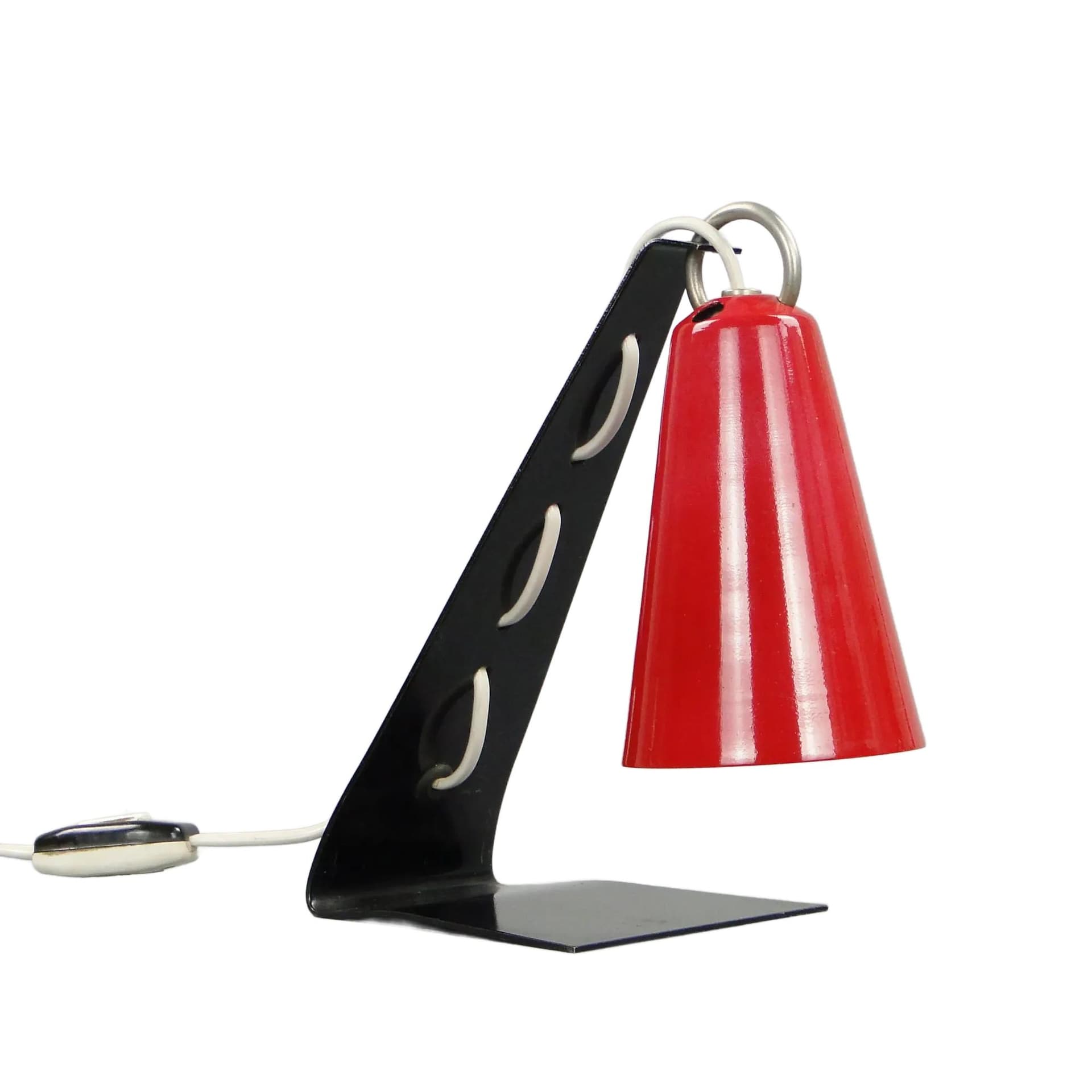 Table lamp, red, lacquered steel, by A. Gałecki, Poland, 1960s