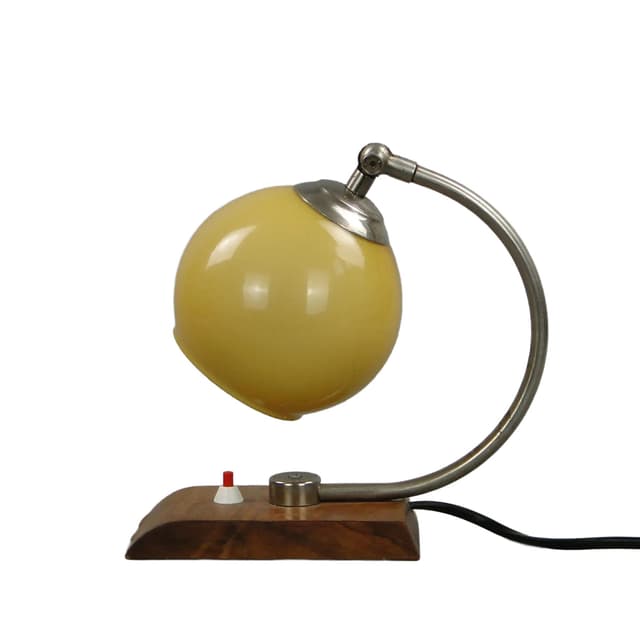 Lampa stołowa Art déco, szkło żółty, stal niklowana, drewno mahoń, Polska, lata 30. - WYMIARY