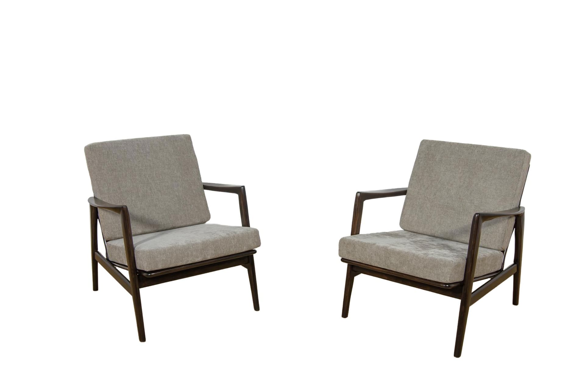 Para foteli 300-139, buk palisander, tkanina szara, Swarzędzka Fabryka Mebli, Polska, lata 60.