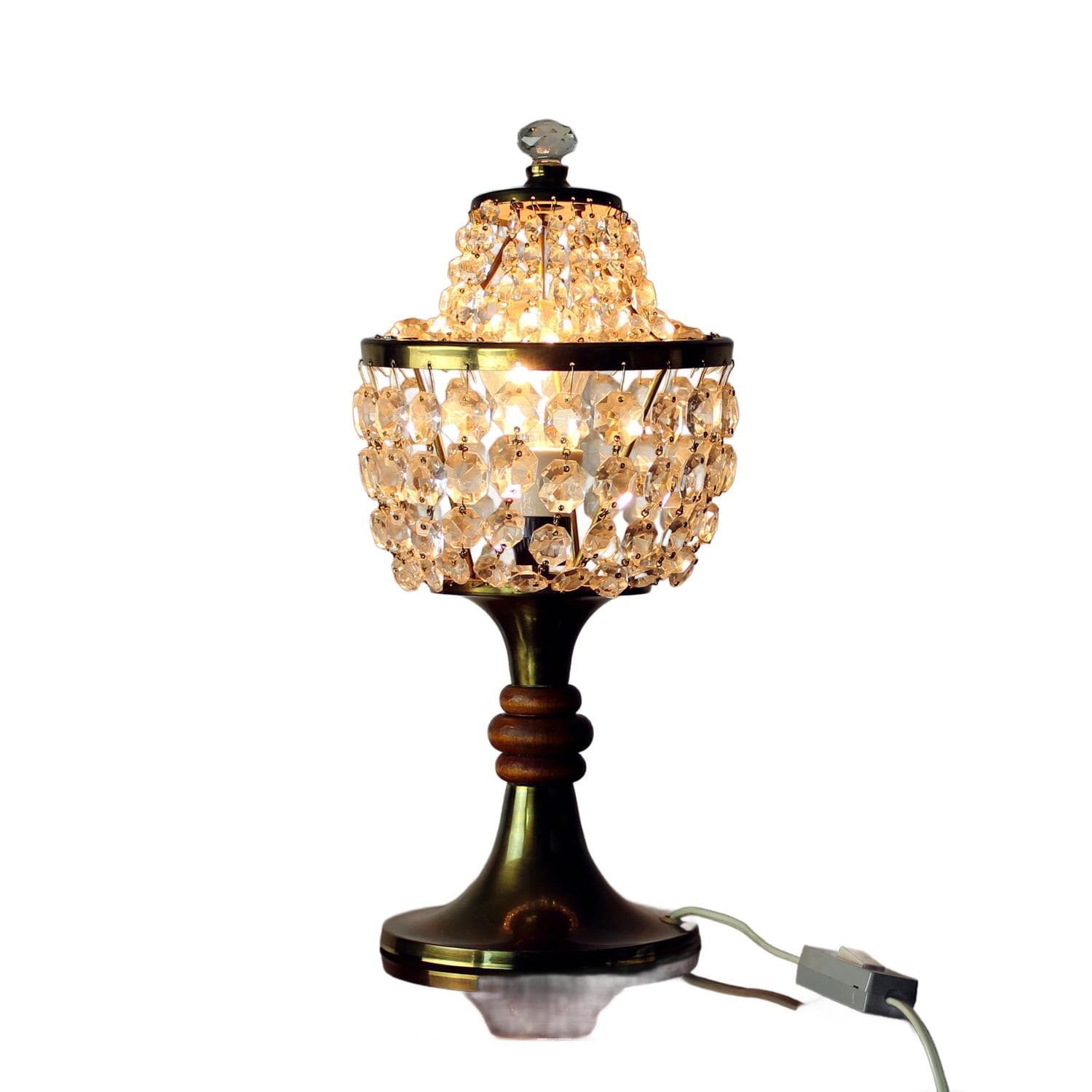 Lampa stołowa, Hollywood Regency, mosiądz złoty, kryształ, drewno, Czechosłowacja, lata 70.