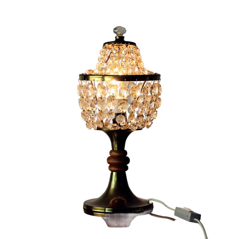 Lampa stołowa, Hollywood Regency, mosiądz złoty, kryształ, drewno, Czechosłowacja, lata 70.