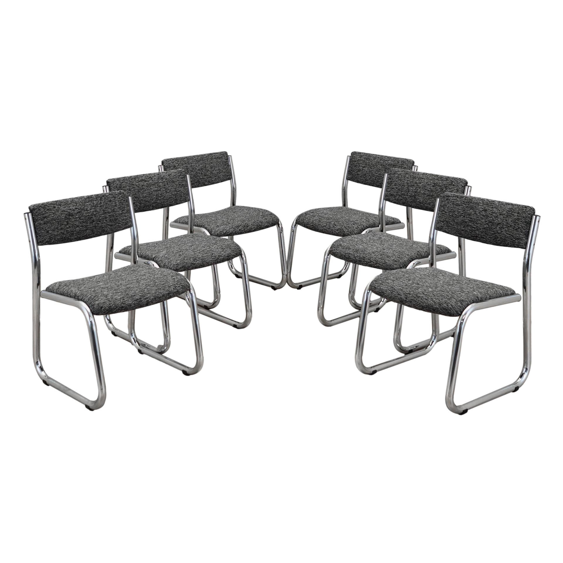 Komplet sześciu krzeseł, szary, metal chromowany, Włochy, lata 80.