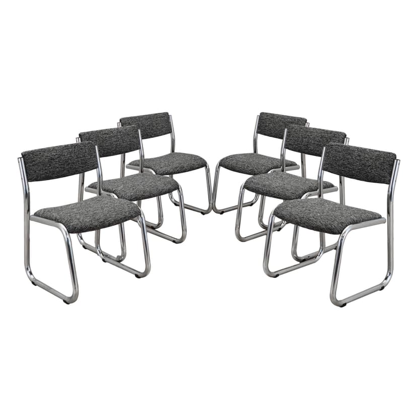 Komplet sześciu krzeseł, szary, metal chromowany, Włochy, lata 80.