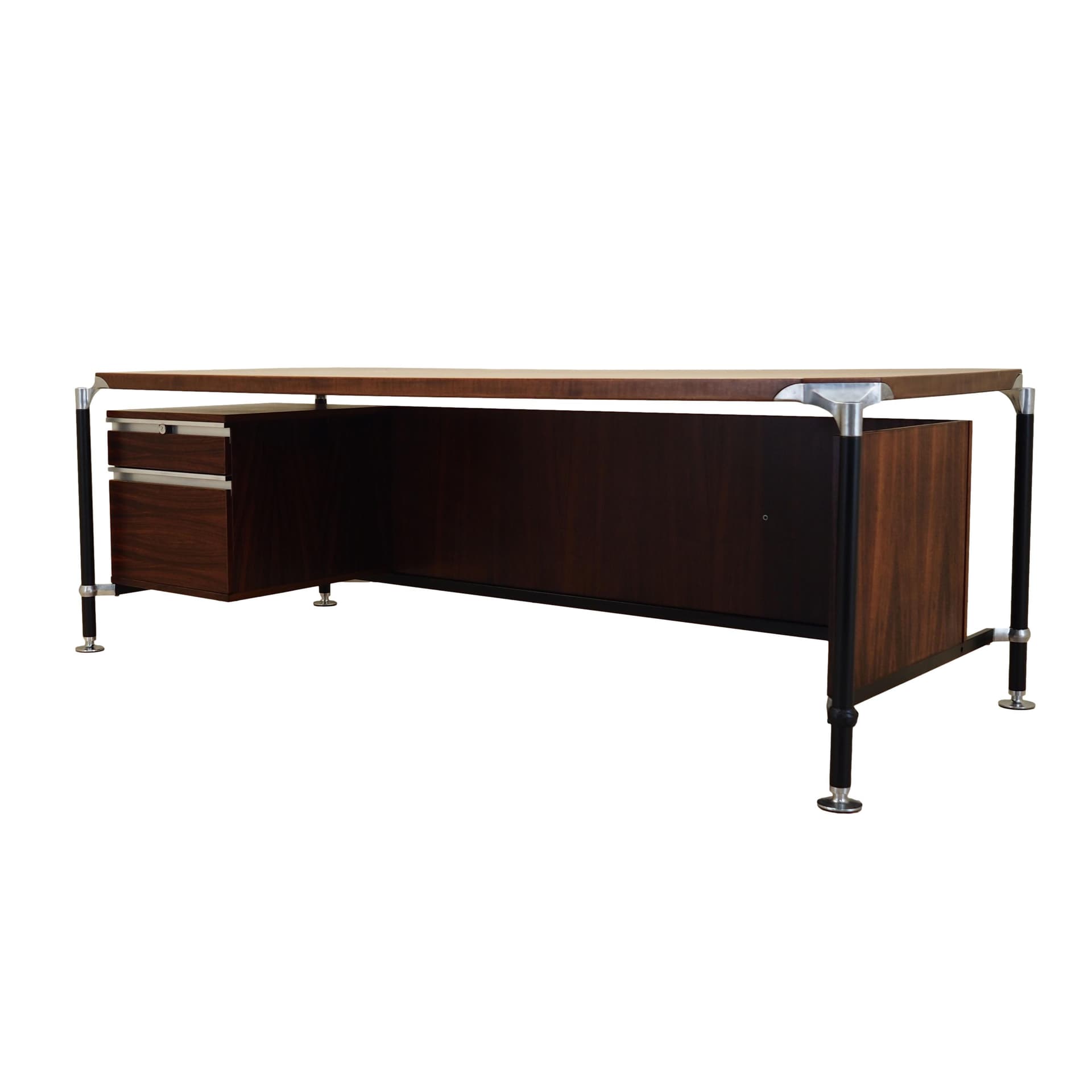 Desk, brown rosewood, black steel, by I. & L. Parisi, MIM Roma, Italy, 1970s.