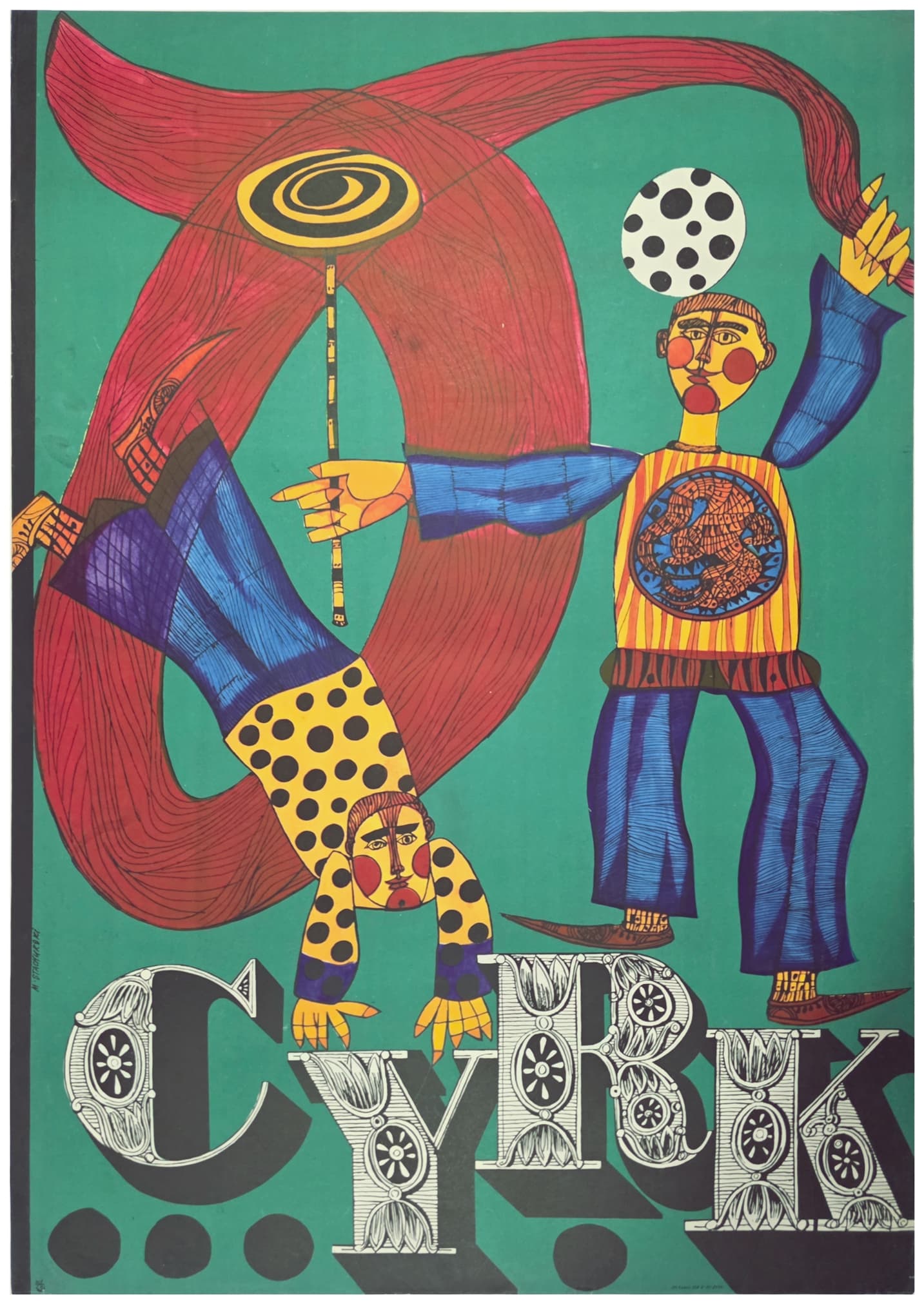 Cyrk dwaj clowni na napisie cyrk (Oryginalny plakat cyrkowy), aut. M. Stachurski, 1964