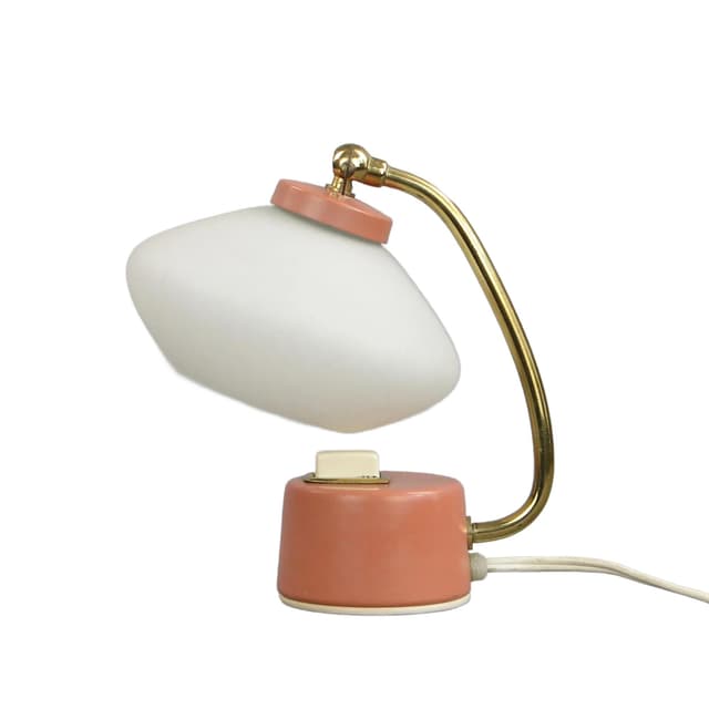 Lampa stołowa, pastelowy róż, stal lakierowana, mosiądz, szkło, Stilnovo, Włochy, lata 50. - WYMIARY