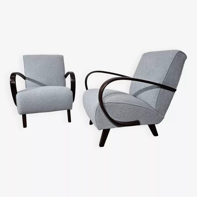 Para foteli H 410, bouclé kremowy, drewno orzech, proj. J. Halabala, UP Závody, Czechosłowacja, lata 60. - WYMIARY