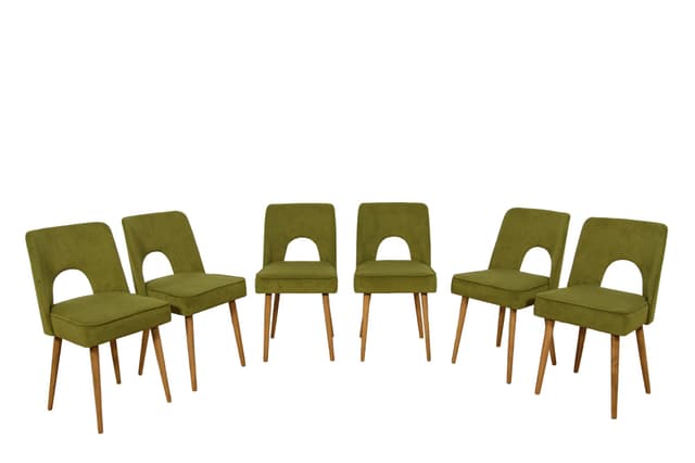 Komplet sześciu krzeseł Muszelka, oliwkowa zieleń, tkanina, drewno jasny, Bydgoska Fabryka Mebli, Polska, lata 60. - WYMIARY