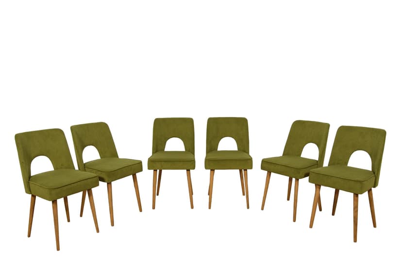 Komplet sześciu krzeseł Muszelka, oliwkowa zieleń, tkanina, drewno jasny, Bydgoska Fabryka Mebli, Polska, lata 60.
