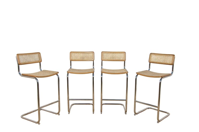 Komplet czterech hokerów Cesca, buk jasnobrązowy, stal chromowana, rattan, proj. M. Breuer, Włochy, lata 70.