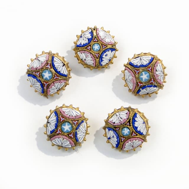 Zestaw pięciu guzików do kamizelki, millefiori, mosiądz złoty, szkło wielobarwne, Włochy, XIX w. - WYMIARY