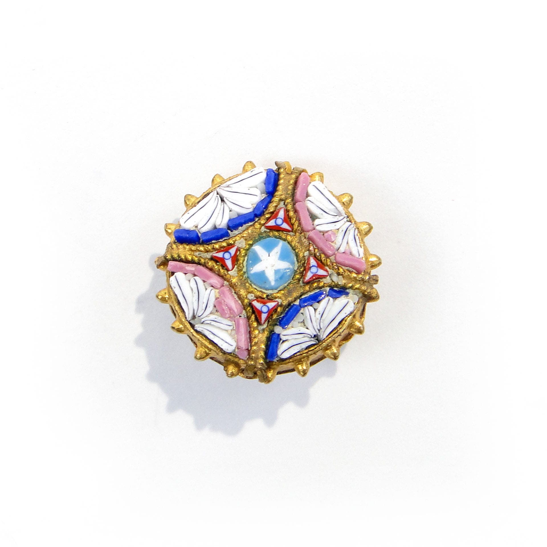 Zestaw pięciu guzików do kamizelki, millefiori, mosiądz złoty, szkło wielobarwne, Włochy, XIX w. - 172310