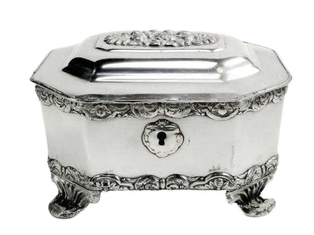 Cukiernica skrzynkowa, srebro jasne, Norblin, Polska, XIX wiek - WYMIARY