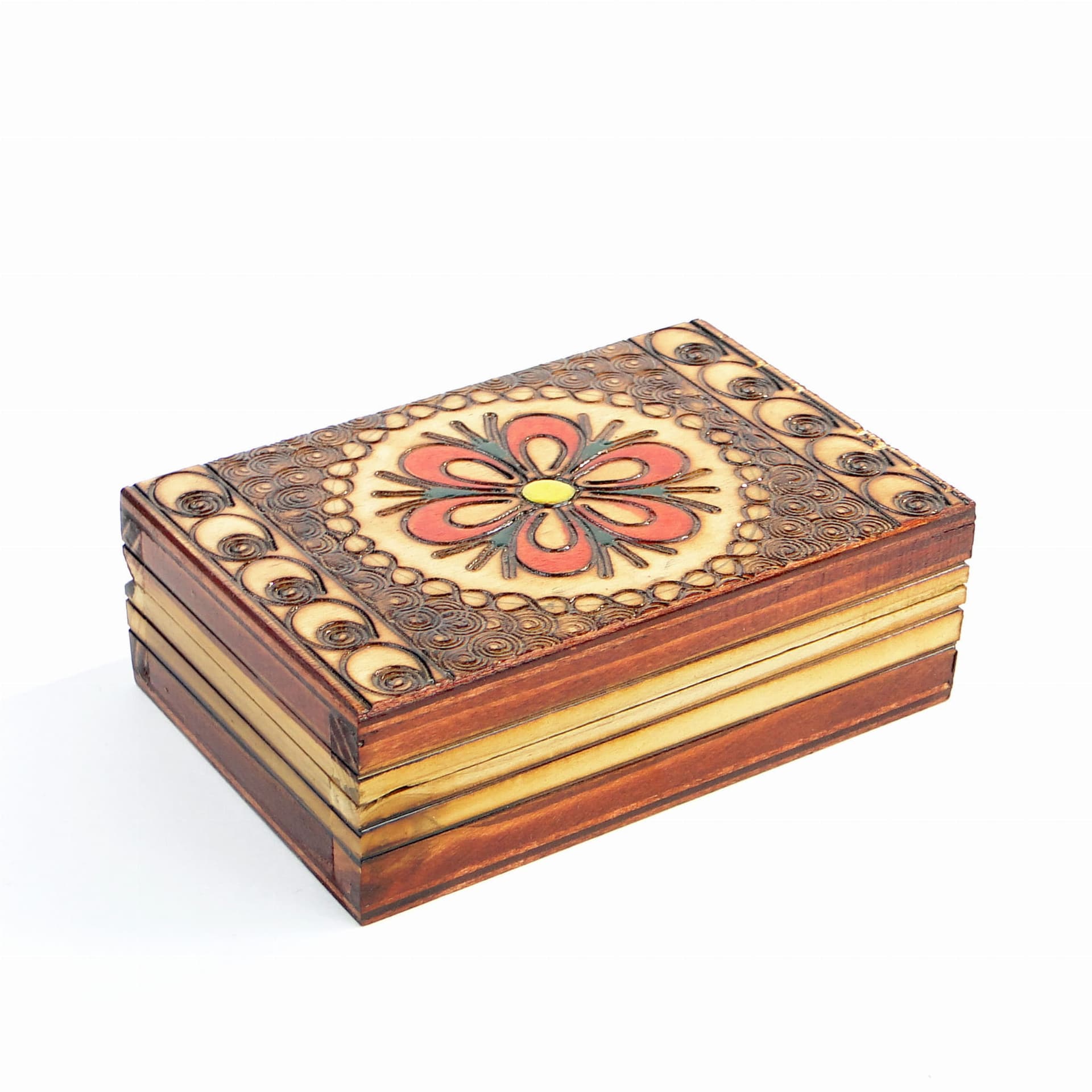 Kasetka na biżuterię, ludowa, drewno pomarańczowy, Polska, lata 80. - 172417